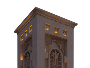 Fototapeta premium Evening view, illuminated eastern buildings. Architectural elements of buildings, ancient arches and columns. On the streets of the Emirates, in public spaces.