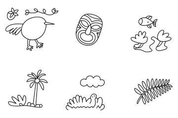 Obraz premium Minimalist Black and White Line Drawing Set of Birds, Mask, Palm Tree, Cloud, and Fern Leaf