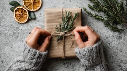 Gift Wrapping with Natural Elements and Copy Space
