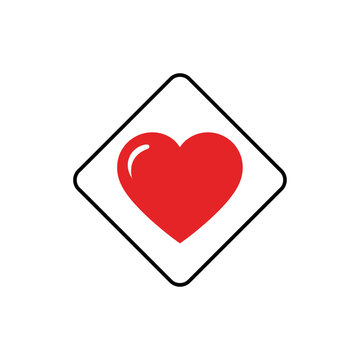 A vibrant red heart symbol centered within a white diamond shape with a black outline, isolated on a white background.