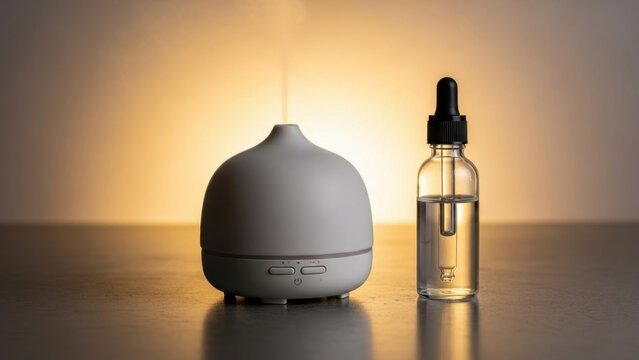 Aromatherapy diffuser and essential oil bottle on a reflective surface with warm backlighting.