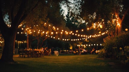 Festive backyard ambience: string light canopy over a grass lawn with green bokeh and clean copy space on the side