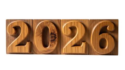 Wooden number blocks displaying the year 2026 isolated on transparent background