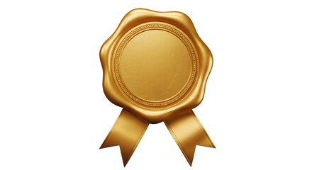 Golden wax seal with ribbon isolated on transparent background