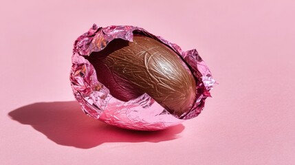 Festive Easter scene featuring a chocolate egg revealed from pink foil with delicate light and bokeh