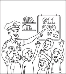 Cute police officer with uniform and teaching children vector outline illustration coloring page for kids 