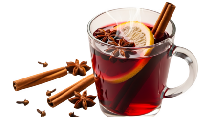 Glass of mulled wine with spices isolated on transparent background