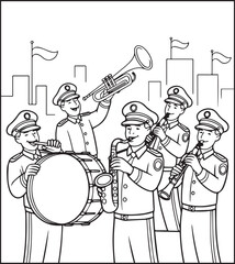 Cute police officer with uniform and enjoying with music instruments vector outline illustration coloring page for kids 