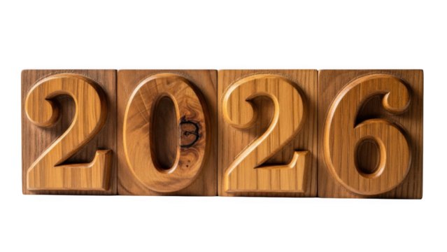 Wooden number blocks displaying the year 2026 isolated on transparent background