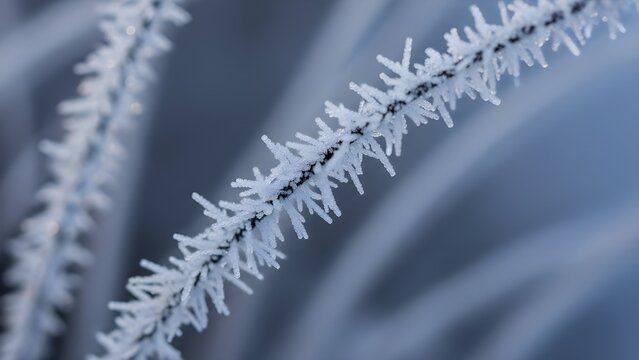 Frostcovered twig intricate ice crystals detail winter scene cold atmosphere - Powered by Adobe