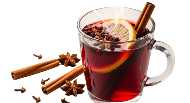 Glass of mulled wine with spices isolated on transparent background