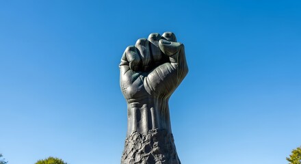 Bronze sculpted raised fist monument stands against a clear blue sky representing civil rights and unity concept for Martin Luther King Day