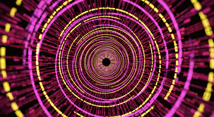 Abstract digital tunnel with swirling pink and yellow concentric circles and glowing data streams.