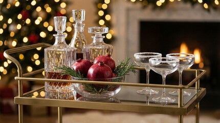 Christmas Bar Cart with Drinks and Decorations
