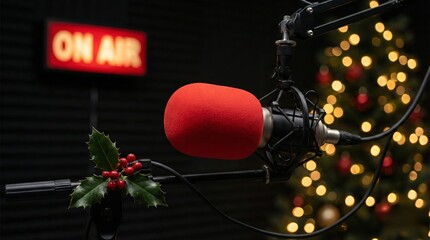 Radio Studio with Christmas Decorations and Copy Space