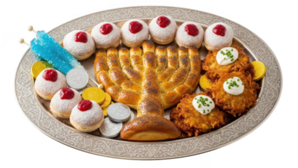 Hanukkah menorah bread with festive treats isolated on transparent background