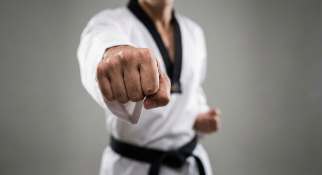 Martial artist's clenched fist punching forward in a white uniform with a black belt, captured in a close-up with a shallow depth of field against a gray background