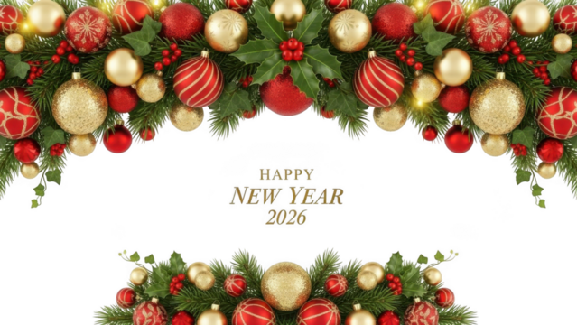 Christmas ornament garland with happy new year text isolated on transparent background