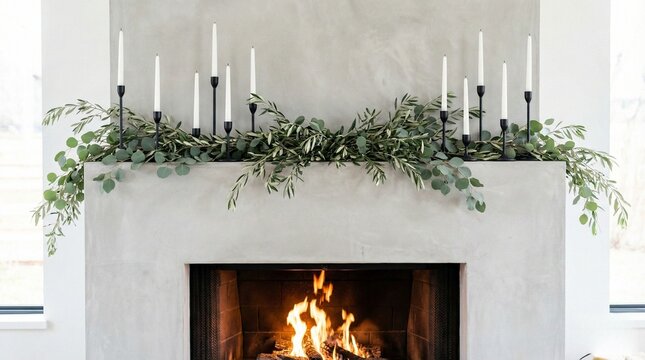 Christmas Fireplace Garland with Candles and Copy Space