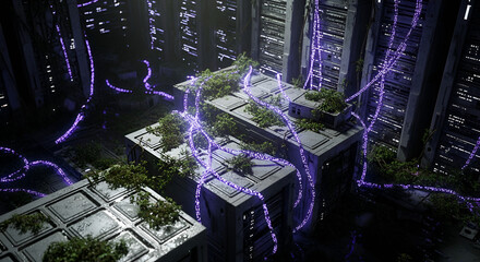 Futuristic cityscape with overgrown structures and glowing purple energy conduits connecting buildings.