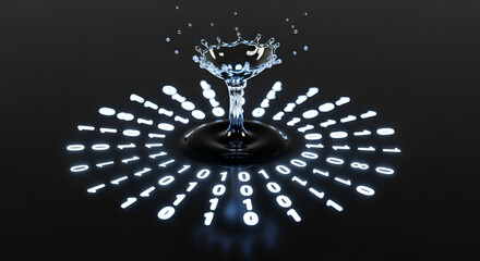 Abstract digital water splash from a glass forms a circular pattern of glowing binary code on a dark background.