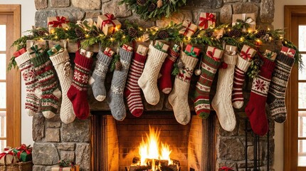 Christmas Fireplace with Stockings and Gifts