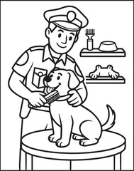 Cute police officer with uniform and enjoying with dog vector outline illustration coloring page for kids 