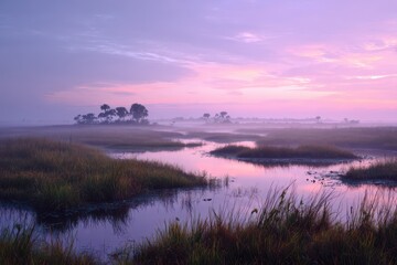 Fototapeta premium Florida Everglades panoramic landscape at golden hour over sawgrass marsh and winding waterway