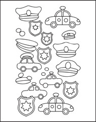 Cute police officer uniform, car cap and other instruments vector outline illustration coloring page for kids 