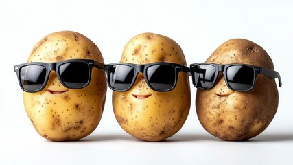 Playful potatoes wearing sunglasses, showcasing a fun and quirky scene with gradual camera zoom in, highlighting their cheerful expressions and unique personalities, creating a lighthearted atmosphere