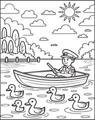 Cute police officer with uniform and riding a boat in the water vector outline illustration coloring page for kids 