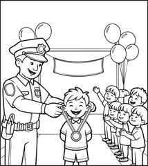 Cute police officer with uniform and enjoying with children vector outline illustration coloring page for kids 