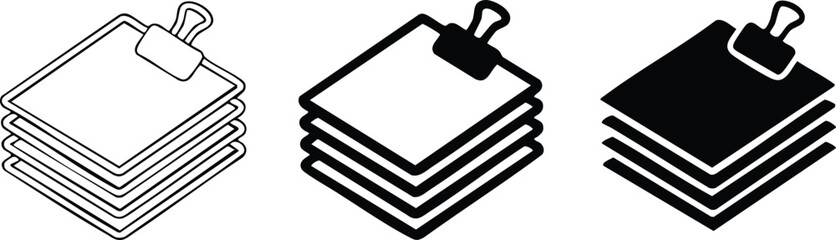 Stack of Documents with Clip Icon, Files and Documents Symbol Set, Clipboard or Notes Stack Icon, Stacked Paperwork Icons, illustration, vector.
