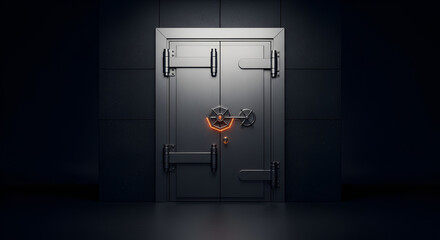 Massive, secure vault door with a complex locking mechanism illuminated by subtle orange light in a dark room.