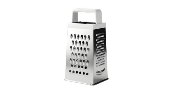 Metal box grater for cheese and vegetables isolated on transparent background