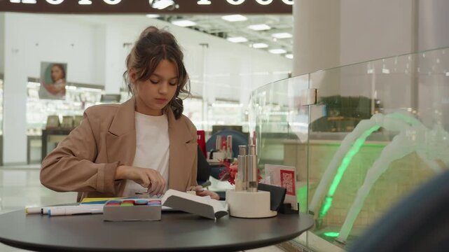 coffee shop research, researcher exploring different merchandise available at coffee shop environment, thorough examination conducted by investigator on all products in local coffee shop