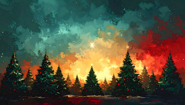 Magical forest with christmas trees and glowing lights christmas card style watercolor abstract artistic winter wonderland