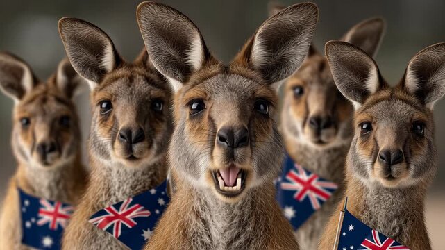 Group of kangaroos displaying various expressions, showcasing camaraderie and playfulness, with flags in the background, camera follows their movements, capturing the lively atmosphere