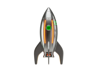 Retro rocket ship PNG isolated on transparent background, vintage space shuttle with fins and exhaust flames for science fiction design