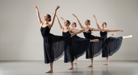 Five young ballerinas in synchronized arabesque pose perform gracefully in a line wearing black leotards and sheer skirts in a minimalist dance studio with soft lighting