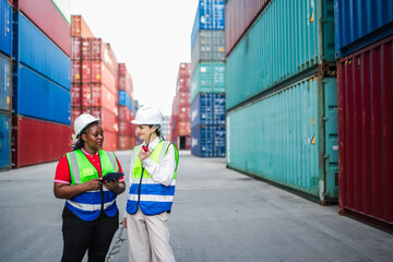 Logistics team members communicate shipment status, using digital tools to track packages and confirm operational tasks in a professional cargo container environment.