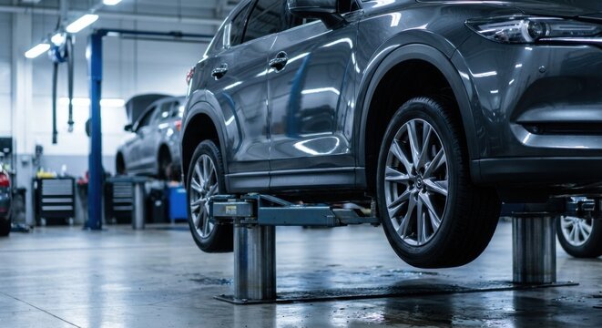 Modern dark gray crossover SUV elevated on a hydraulic lift for inspection and maintenance inside a professional auto repair shop with bright industrial lighting
