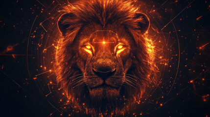 Leo zodiac symbol radiating with fiery energy, an astrological lion's head glowing fiercely amidst cosmic constellations and sparkling stars, representing strength and courage in the universe