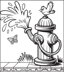 Coloring page for kids, Cute firefighter fire hydrant vector line art illustration for coloring book