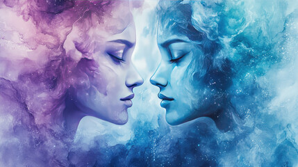 Gemini zodiac sign representing duality and connection, with two ethereal female profiles forming from swirling nebulae in aqua and lilac tones, sparkling with stardust and cosmic energy