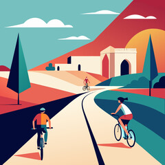 Minimal vector of cyclists on a pathway, architectural landscape graphic style.