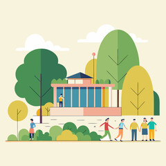 Simple architectural elevation with trees and small groups of people.