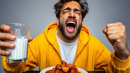 Man in yellow hoodie passionately reacts to spicy chicken wings, holding a glass of milk, showcasing intense emotions, camera zooms in on facial expressions and hand gestures