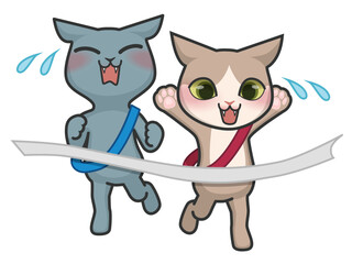 マラソンのゴールテープを切る2匹の猫のキャラクター