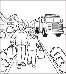 Coloring page for kids, Cute firefighter works helping people vector line art illustration for coloring book